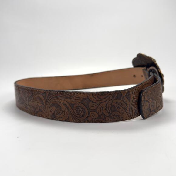 Vintage Leatherock Brown Handtooled Leather Flower Big Buckle Belt Size M - Picture 6 of 9